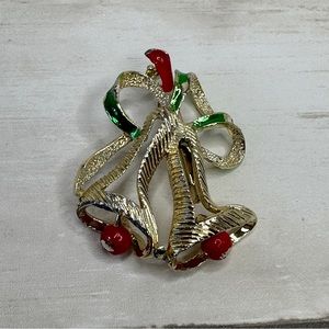 Vintage signed Christmas bells brooch